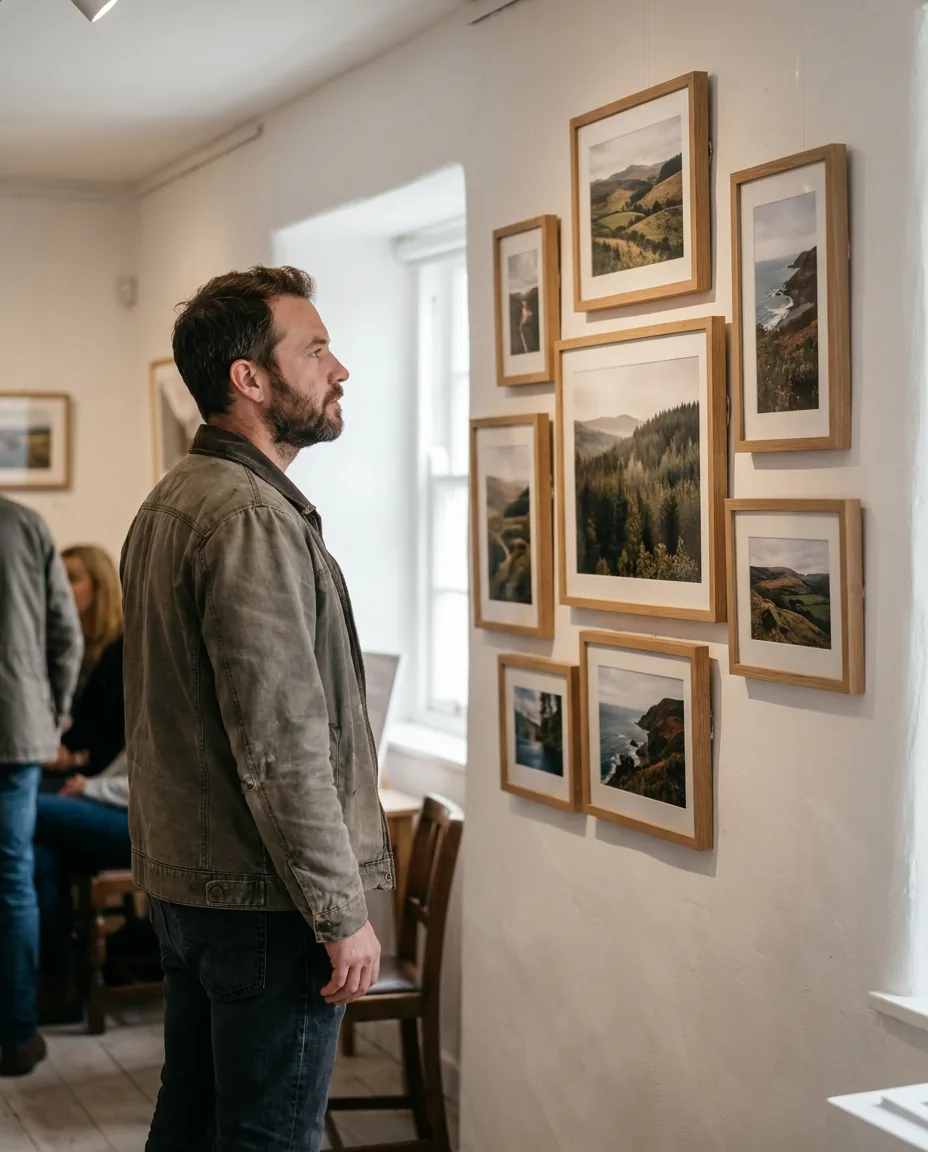 Example post: a man looking at a wall of framed photos in a gallery
