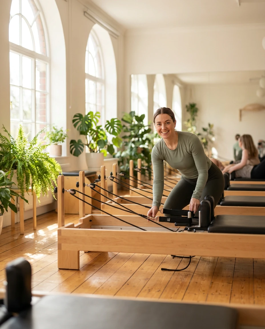 Example post: a bright pilates studio with an instructor