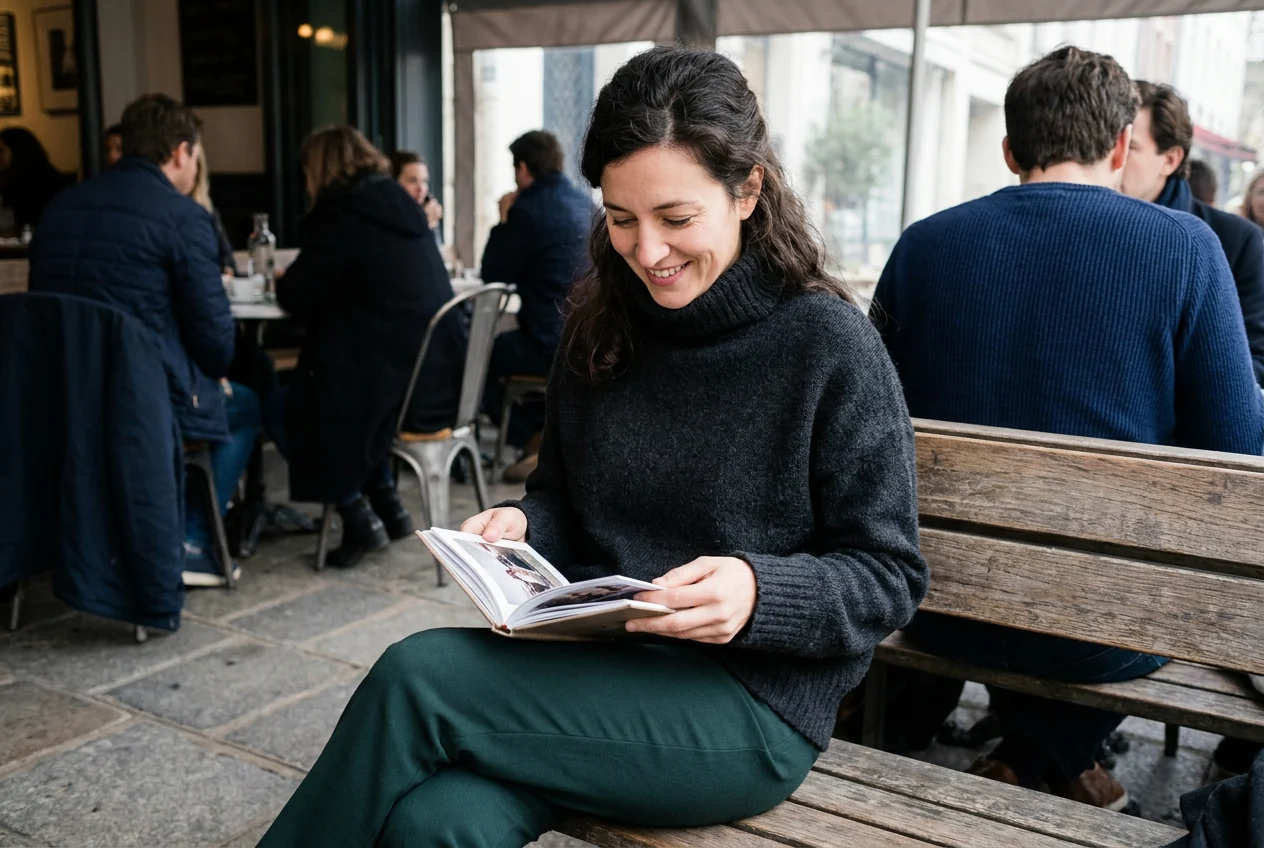A woman looking through a small photo book on a café bench