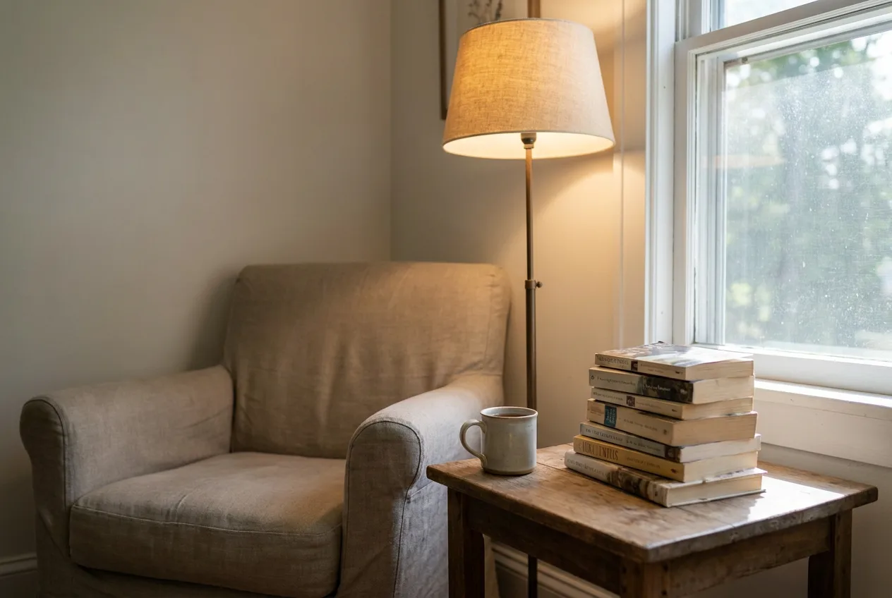 An armchair, a lamp and a stack of books in a reading corner