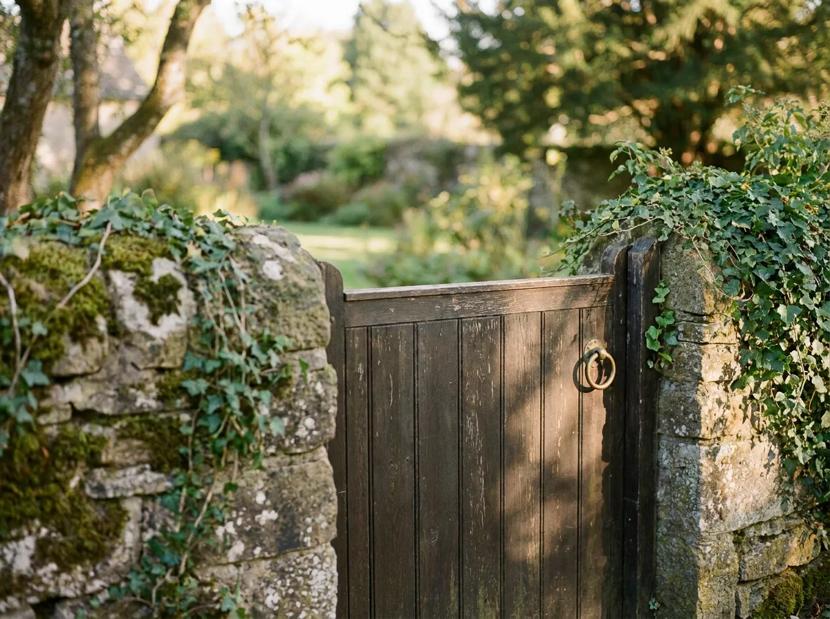 A closed wooden gate in a stone wall with ivy