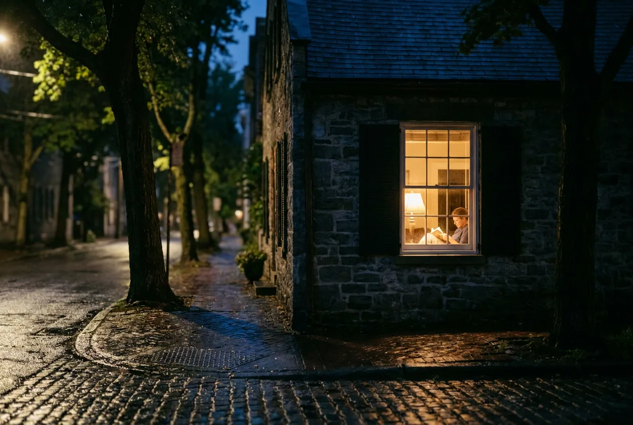 A lit window of a house at night seen from the street