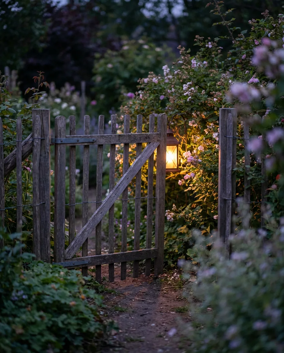 Example post: a garden gate left slightly open at dusk