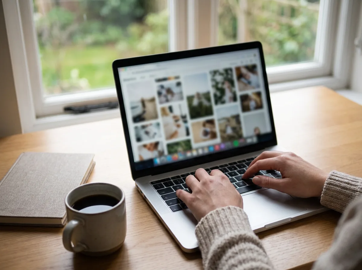 Hands typing on a laptop at a desk by a window