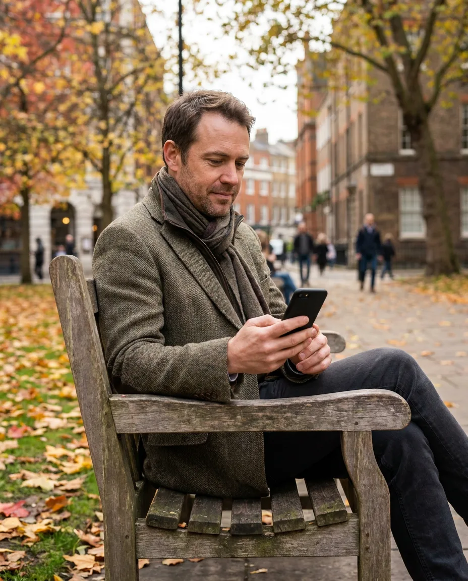 Example post: a man on a city bench with his phone in autumn