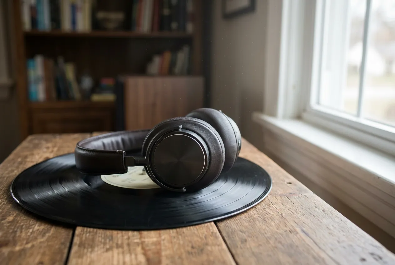 Headphones resting on a vinyl record