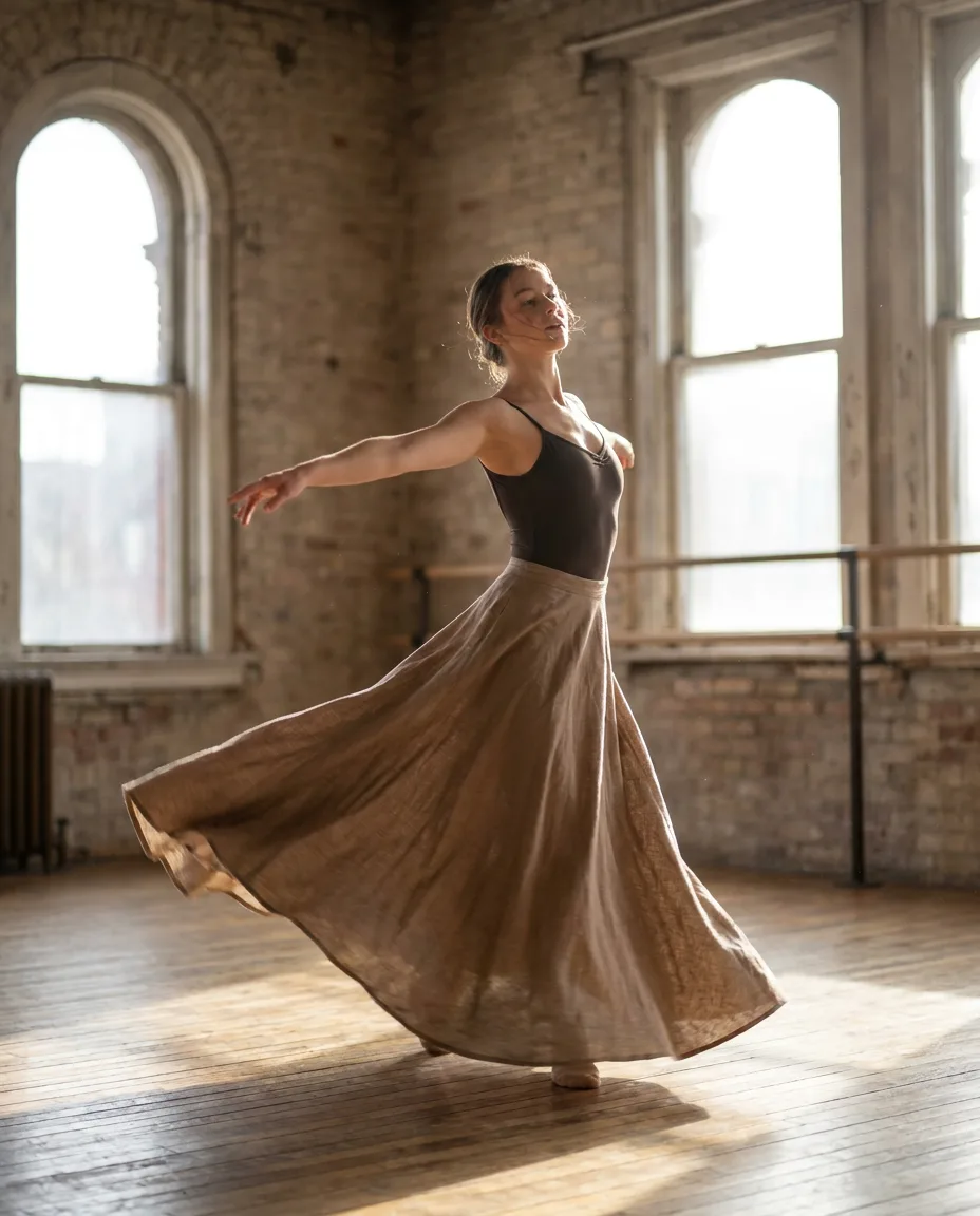 Example reel: a dancer mid-turn in a sunlit studio