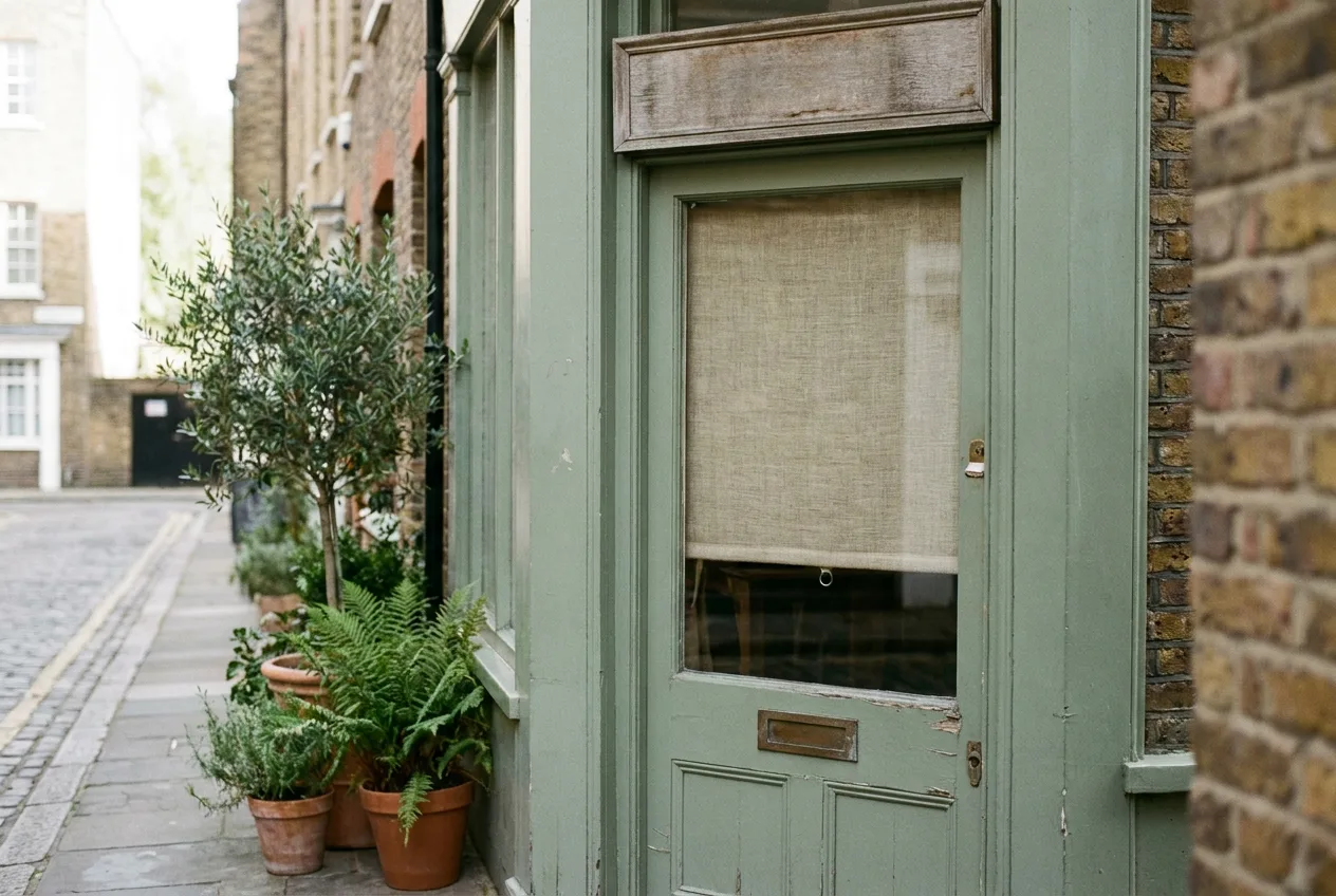 A shop door with the blinds down