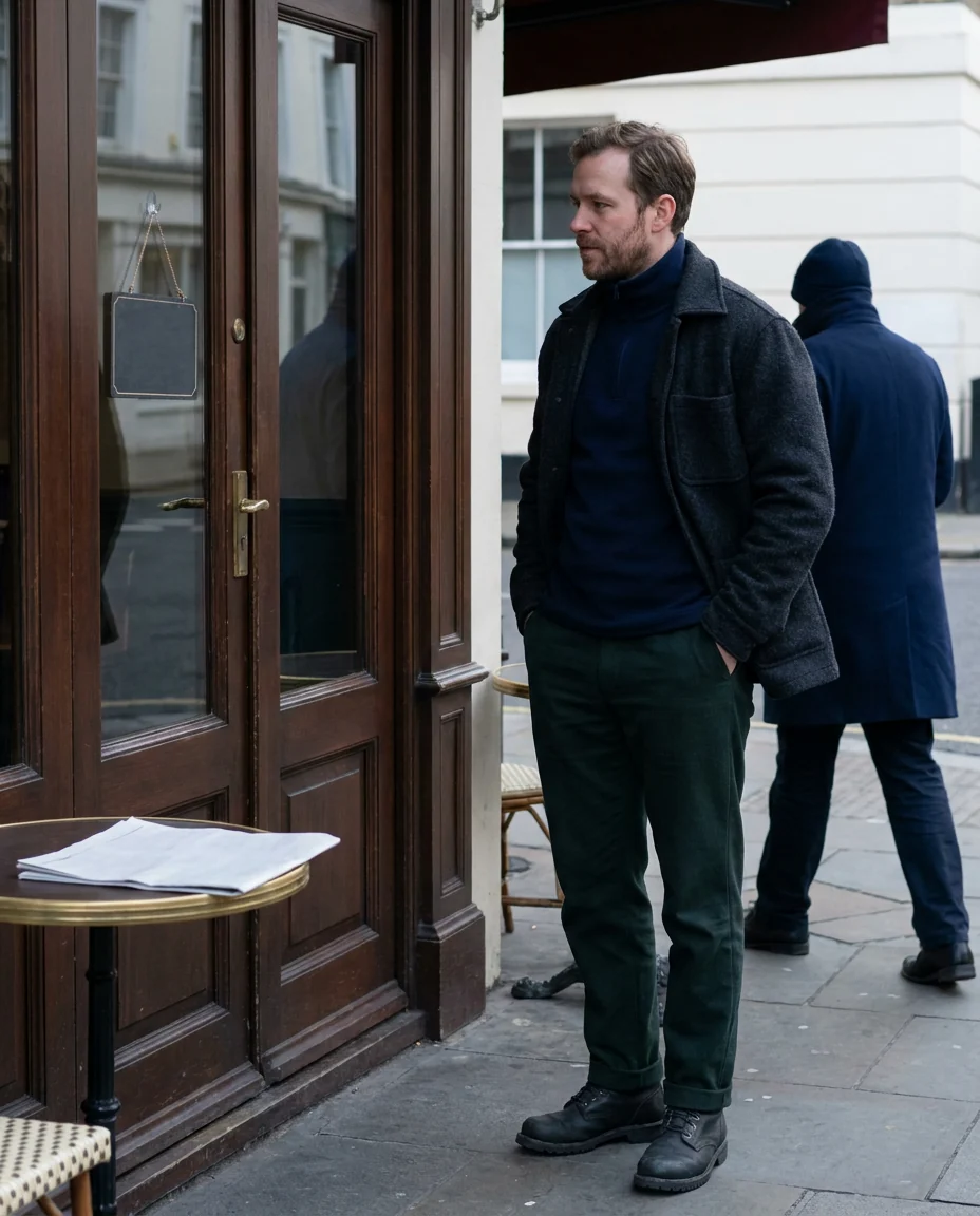 Example story: a man waiting at a closed café door in the morning