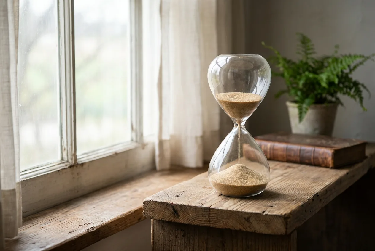 An hourglass on a wooden shelf