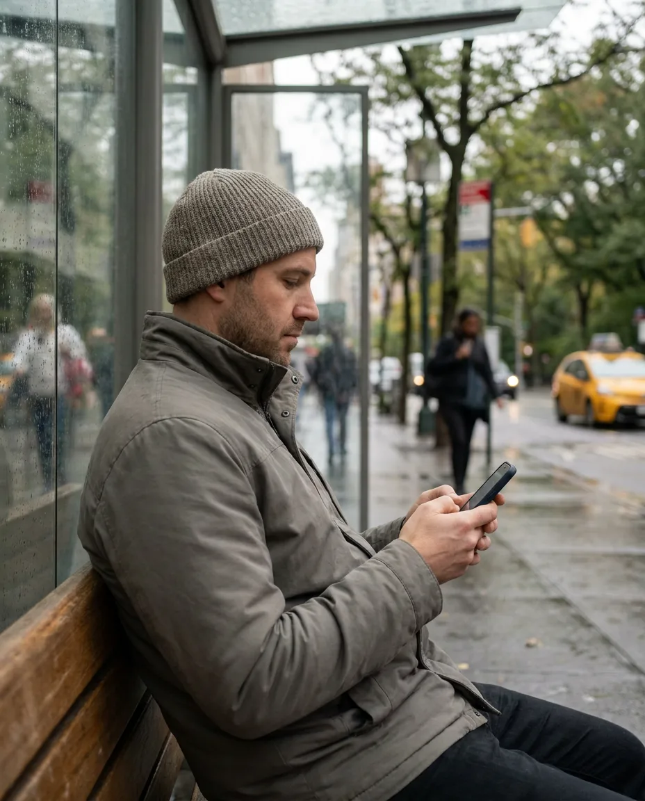 Example story: a man reading on his phone at a bus stop, screen turned away