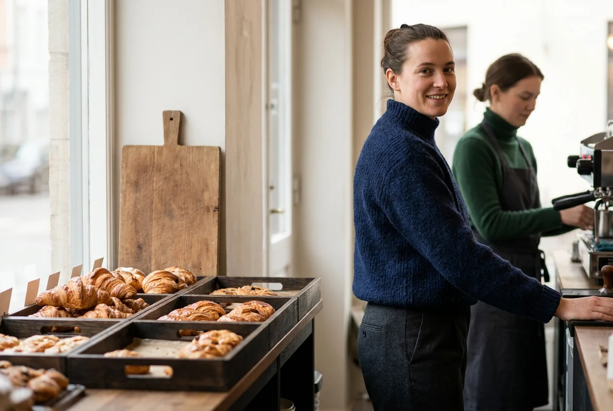 A bakery counter with trays of croissants