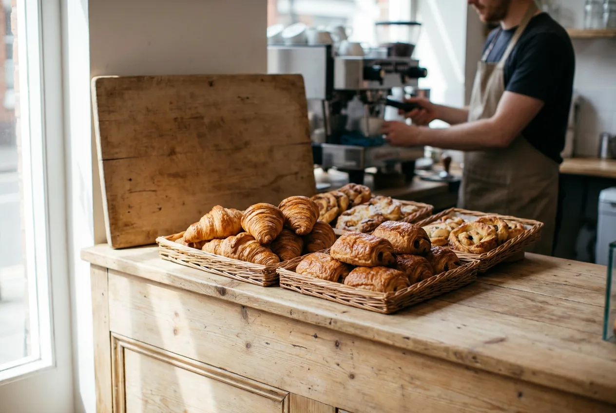 A bakery counter with trays of croissants