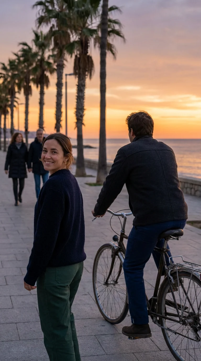 Example story: a woman and a cyclist on a palm-lined promenade at sunset