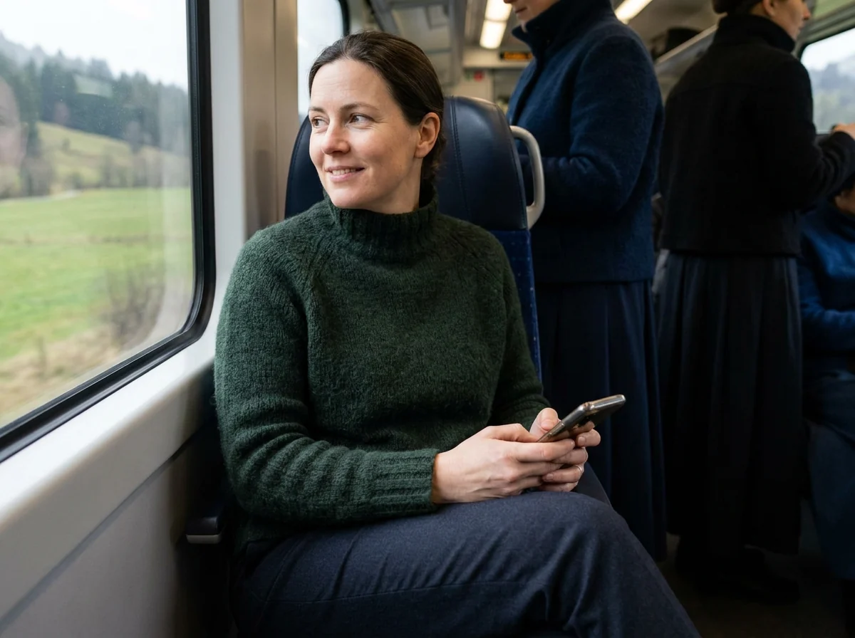A woman looking at her phone by a train window