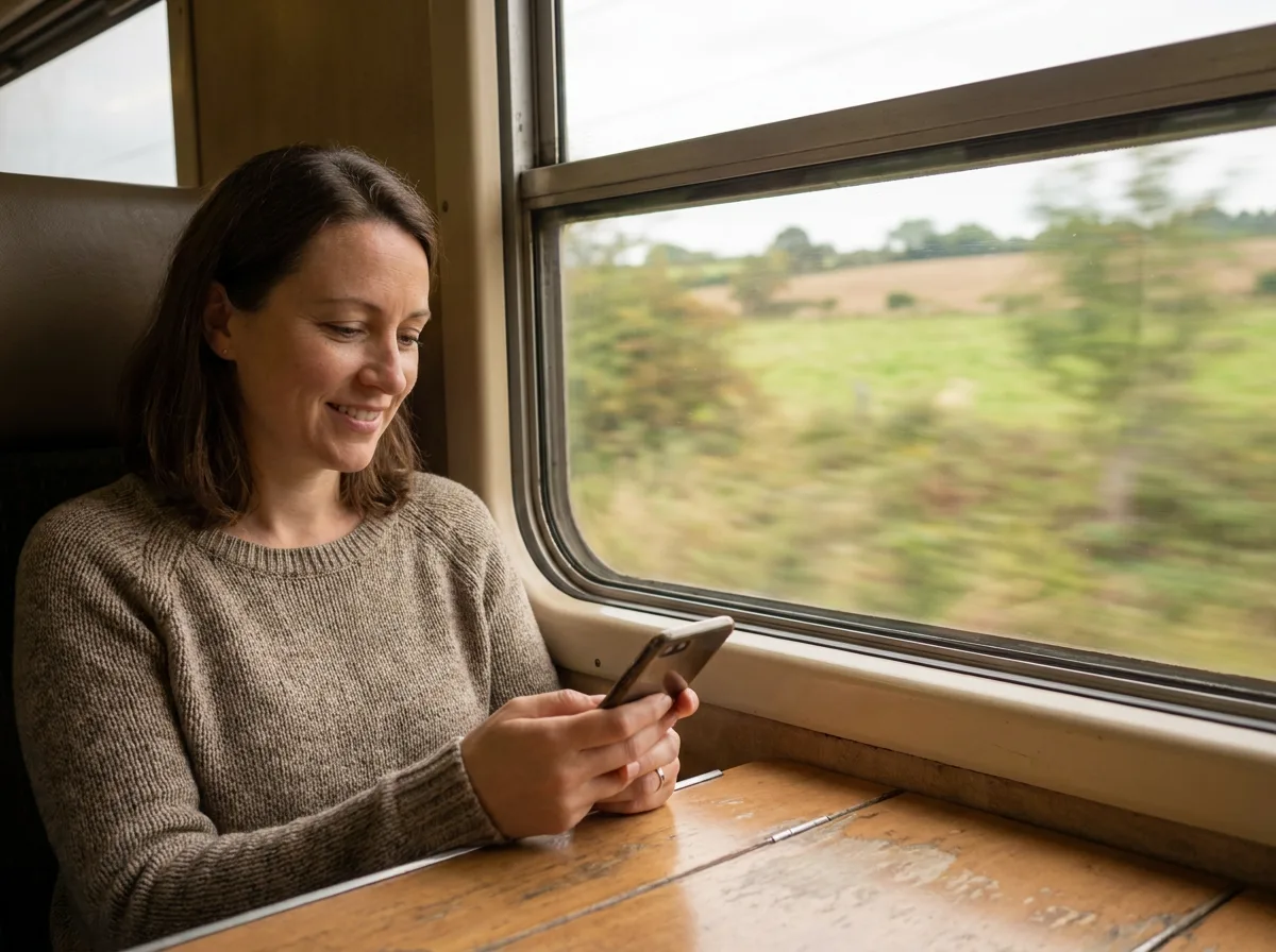 A woman looking at her phone by a train window