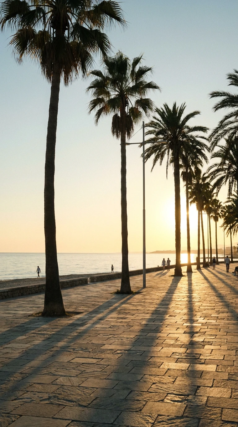 Example story: a seaside promenade at sunset