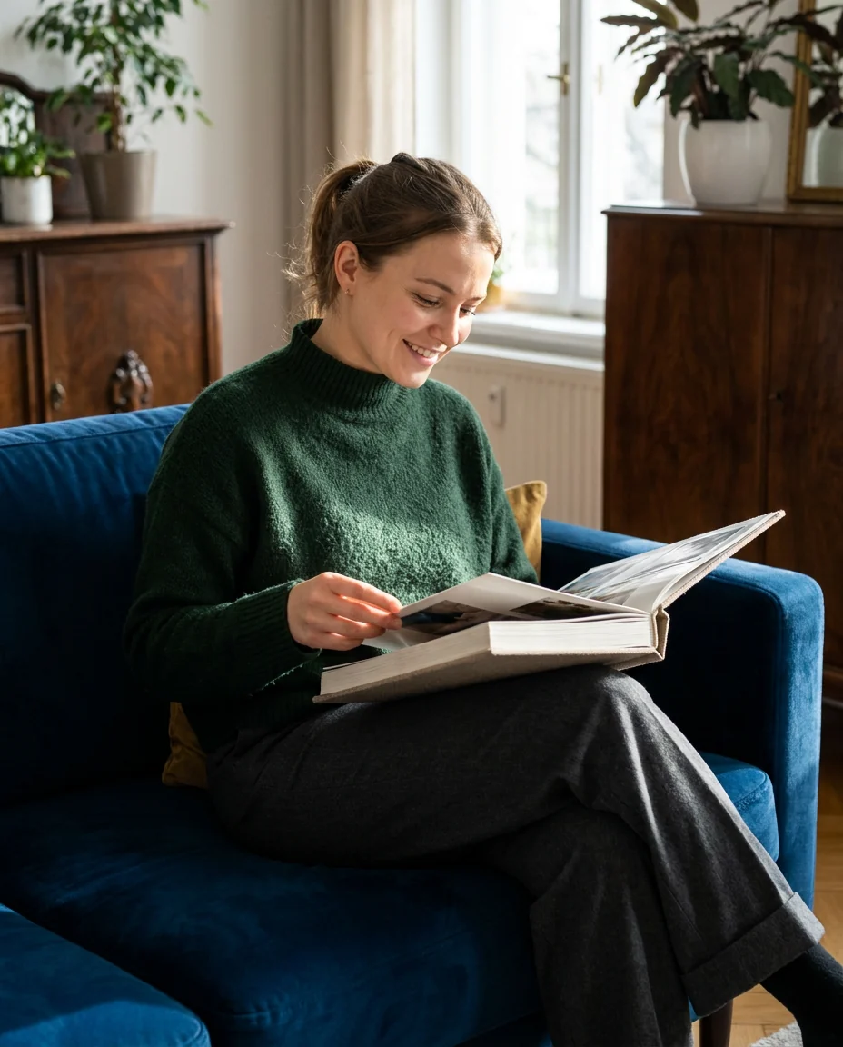 Example story: a woman flipping through a photo album on a sofa