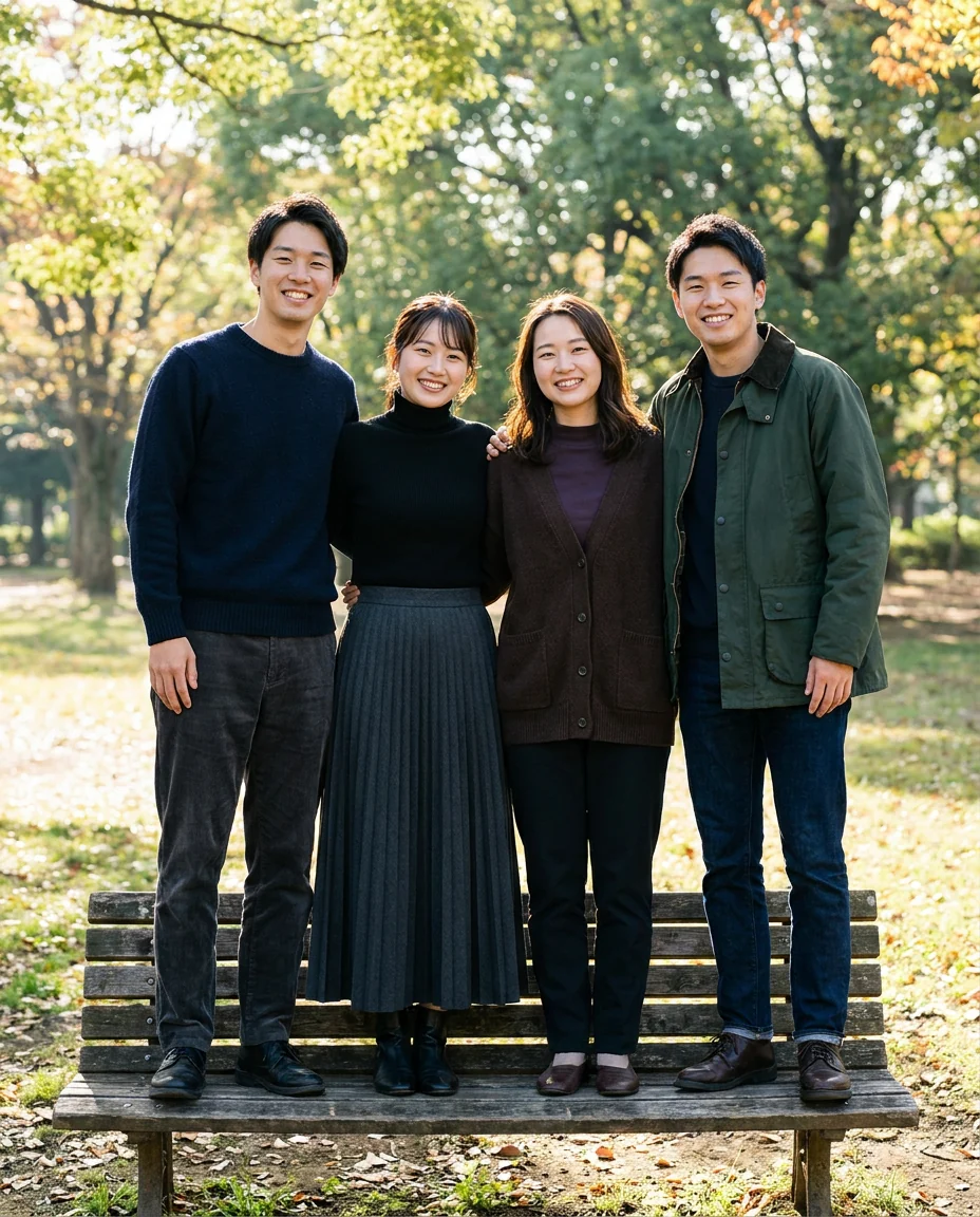 Example tagged post: friends posing together for a group photo in a park