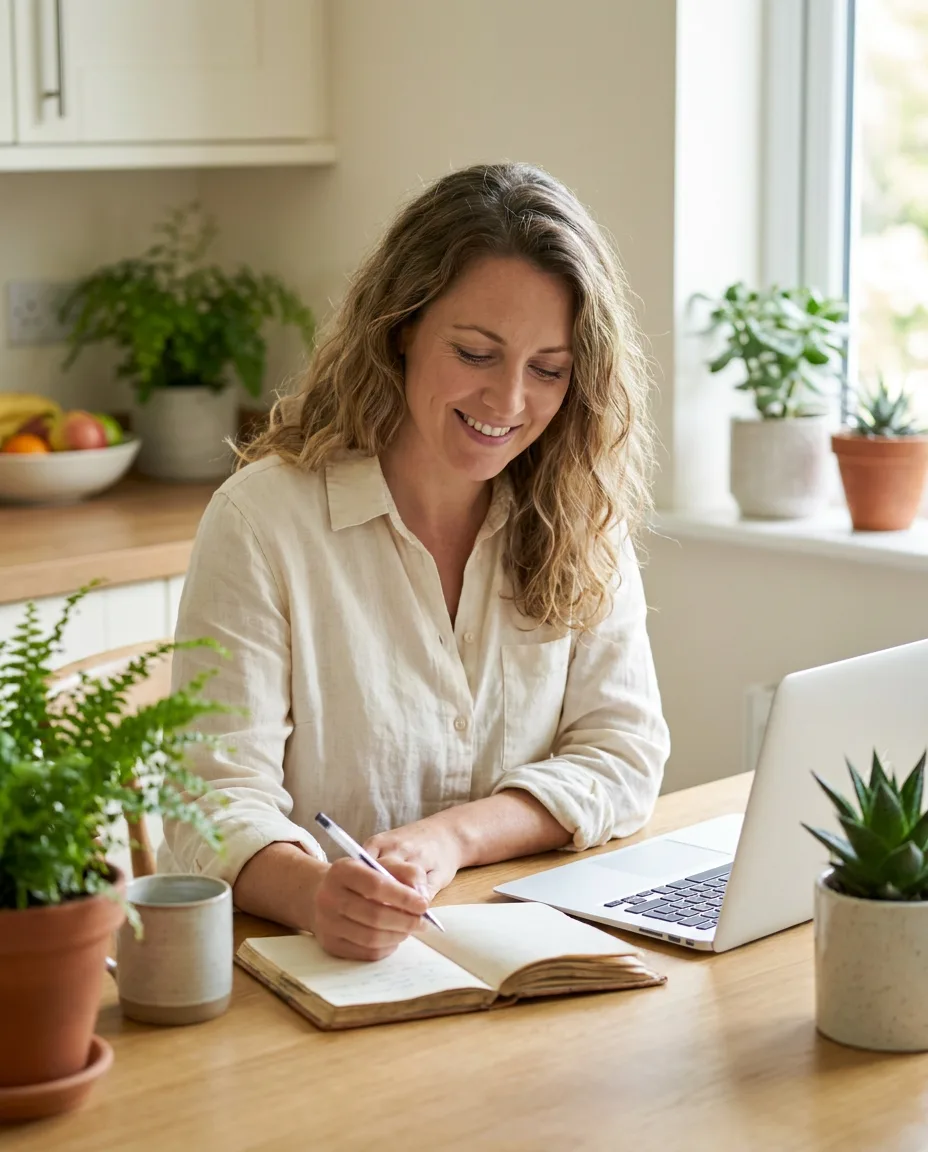 A woman writing in a notebook at a kitchen table beside a laptop
