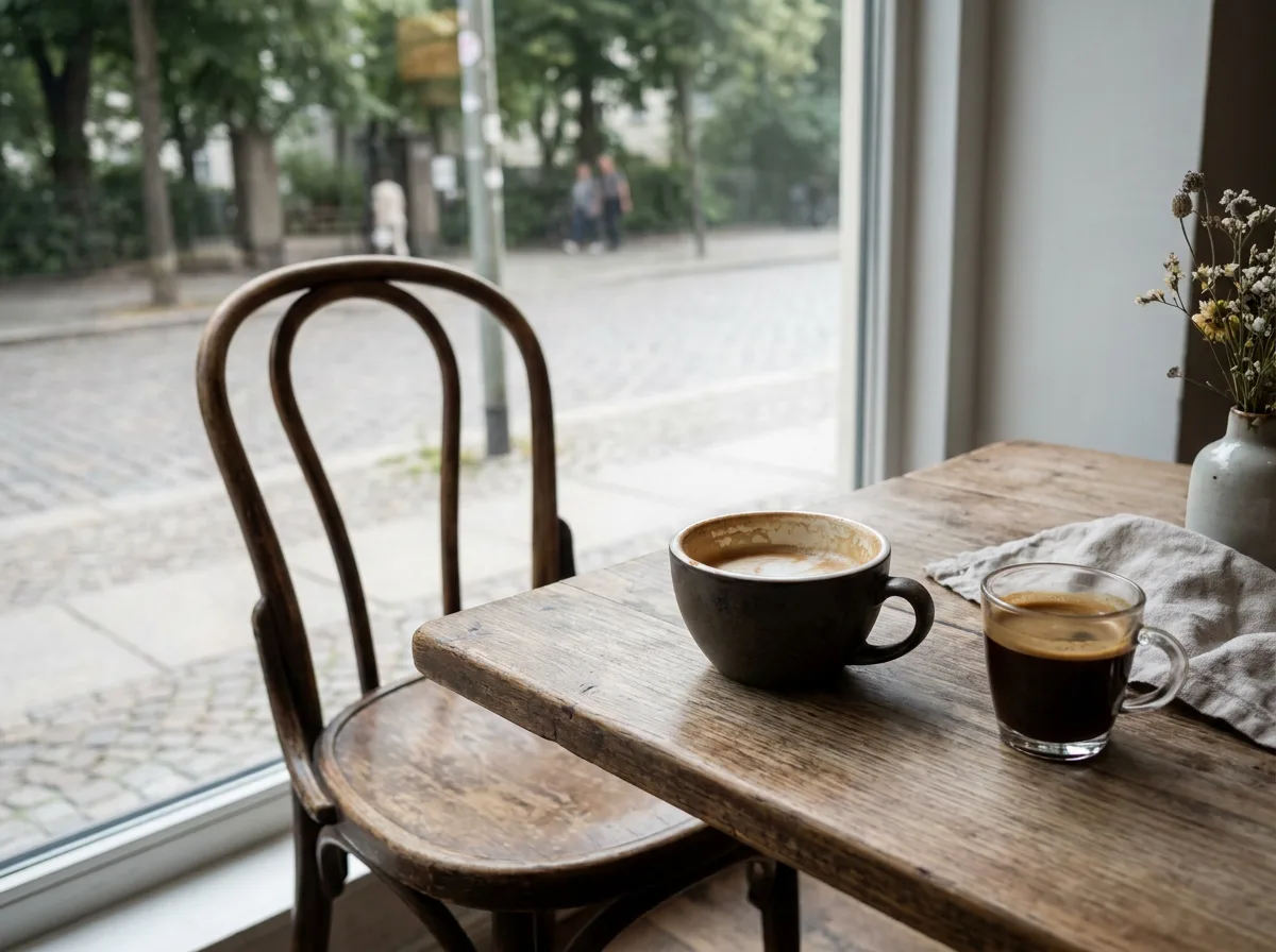 Two coffee cups on a café table beside an empty chair