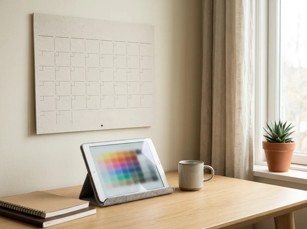 A tablet showing a chart on a tidy desk below a wall calendar