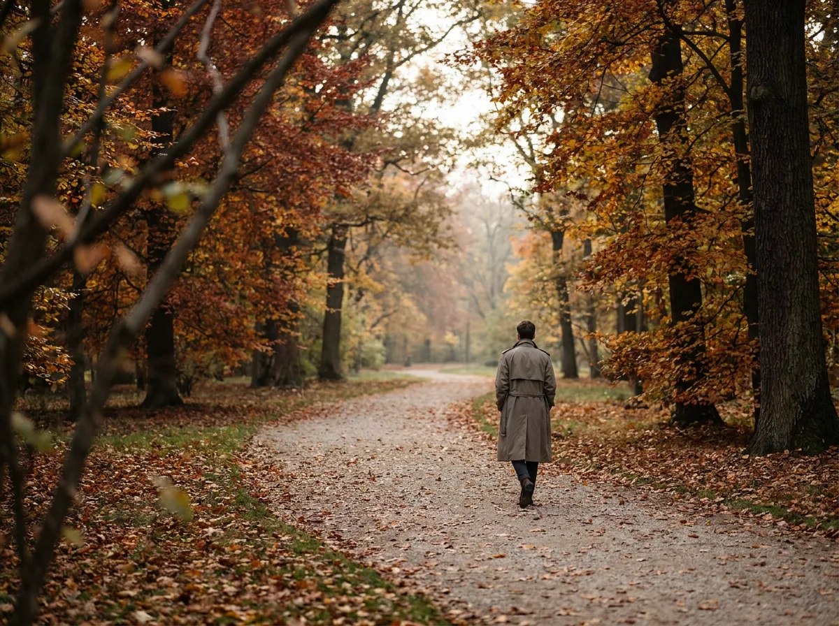A person walking away along a park path in autumn