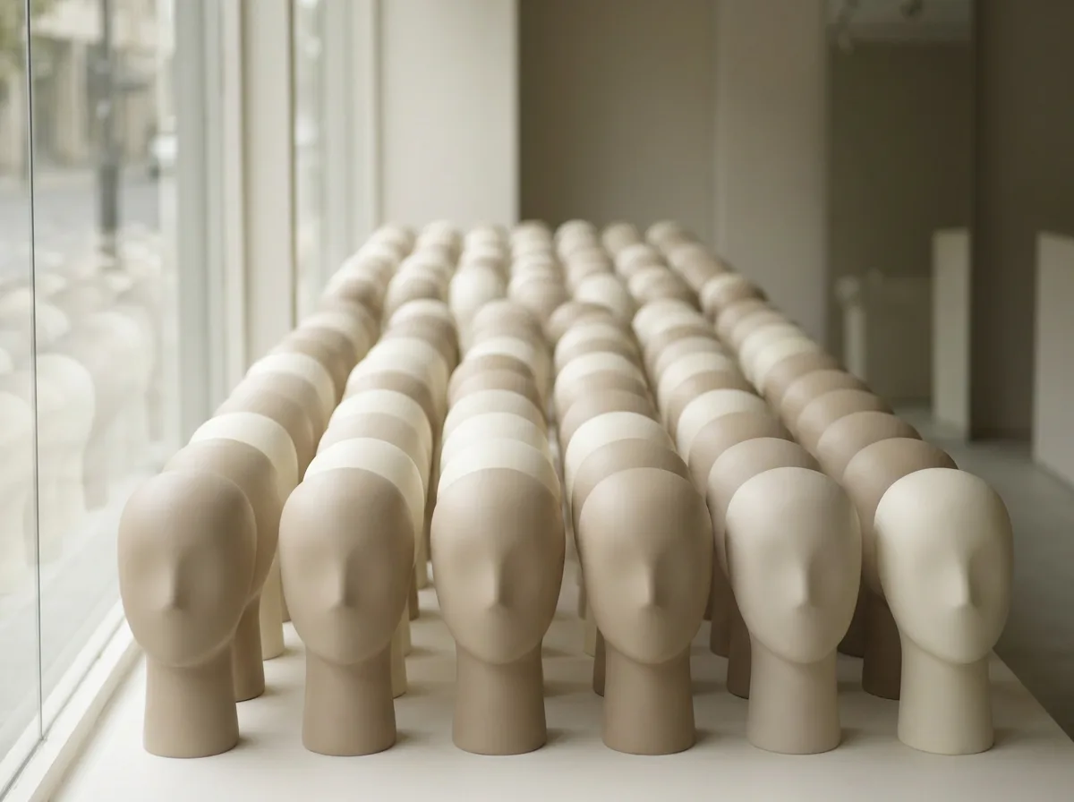 Rows of identical mannequin heads in a shop window