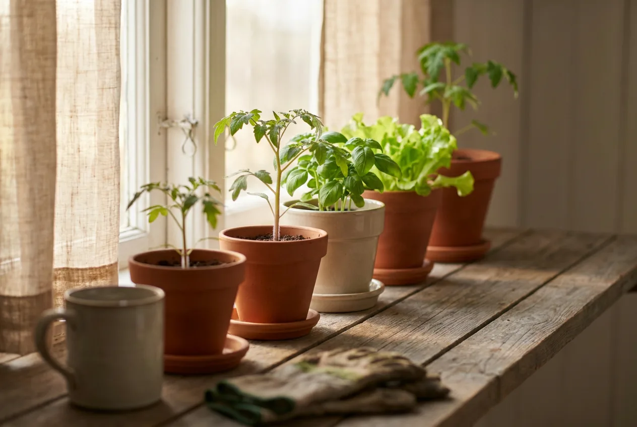 Seedlings of rising height on a sunny windowsill