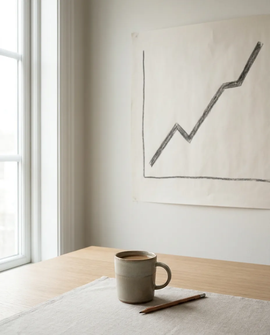 Example post: a hand-drawn rising line on a wall chart above a desk