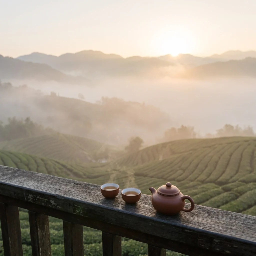 貼文範例：晨霧中的山坡茶園
