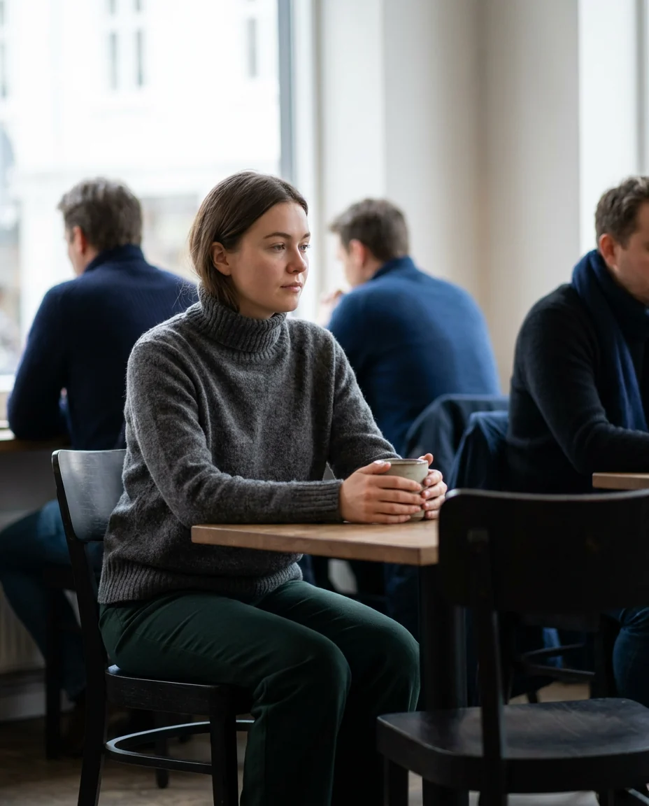 Example account photo: a woman looking at an empty chair across a café table
