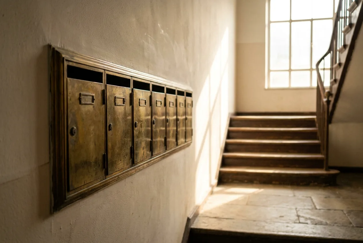 A row of mailboxes in a stairwell