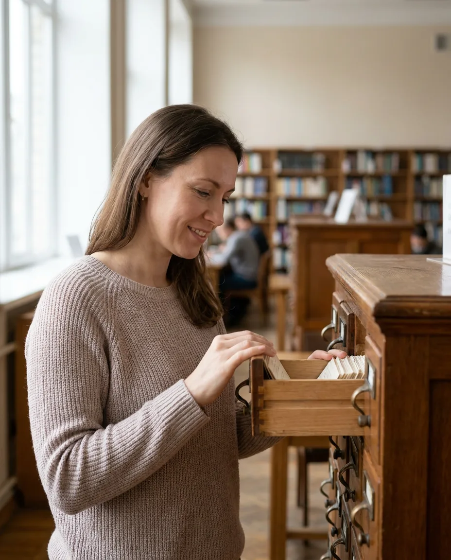 Example post: a woman looking through a card index drawer in a library
