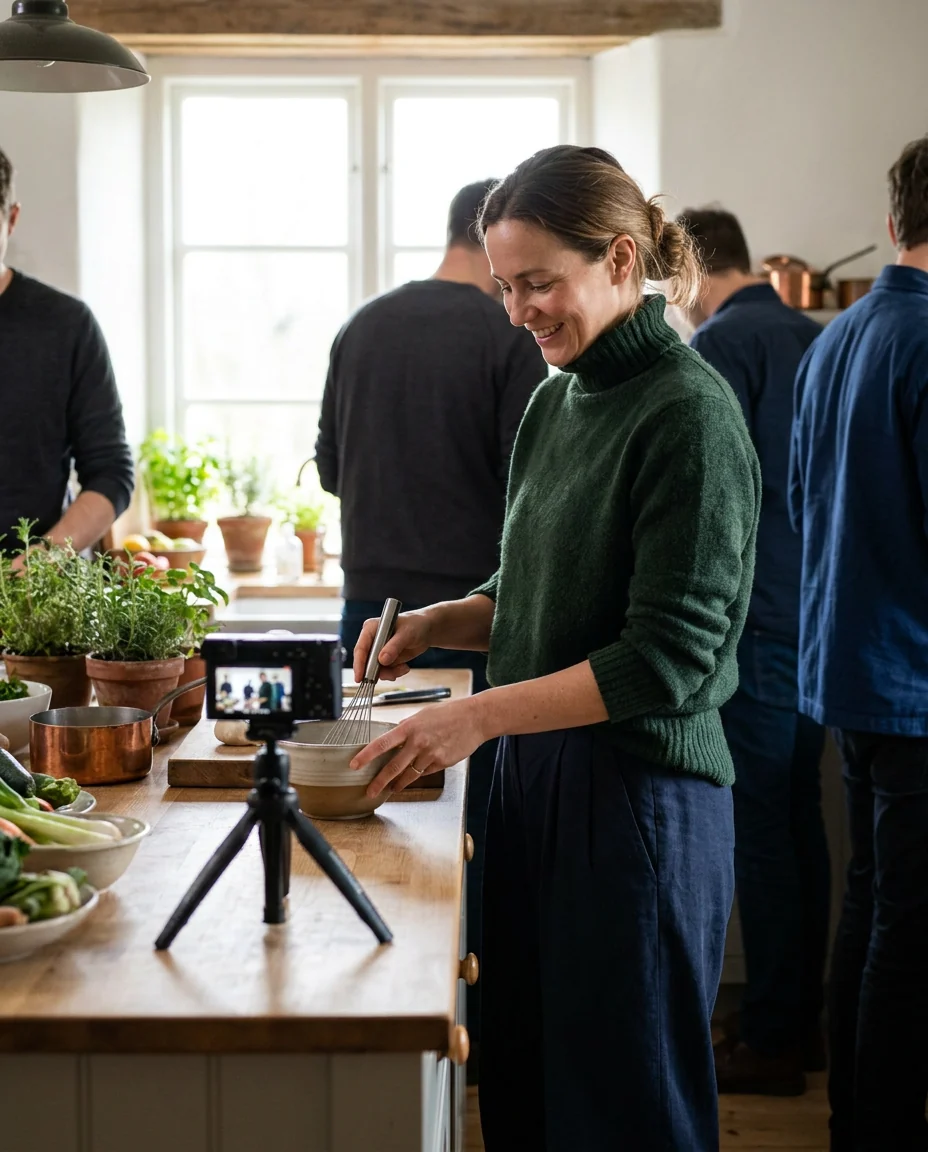 Example video: a woman filming a cooking video in a bright kitchen