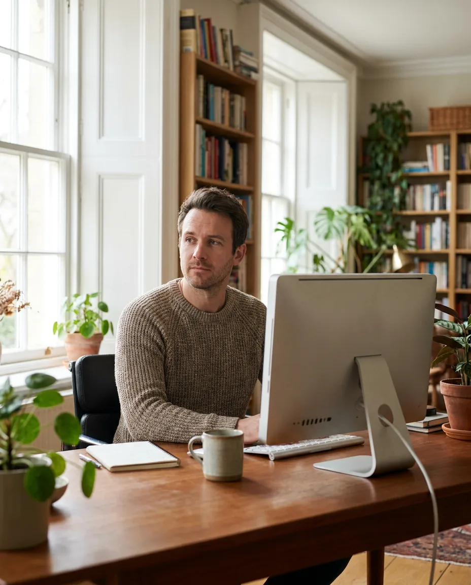 Example post: a man working at a desktop computer in a bright home office, screen turned away