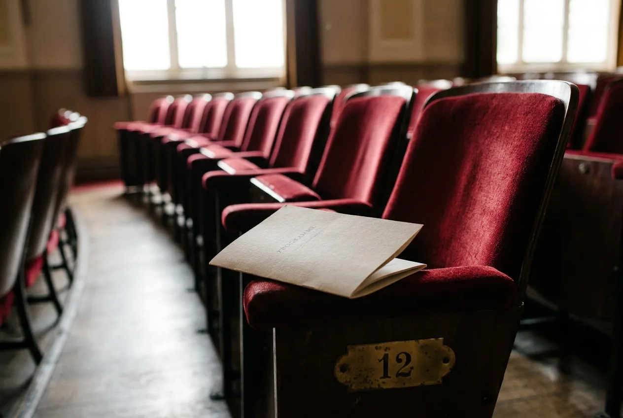An empty theatre row with a programme on one seat