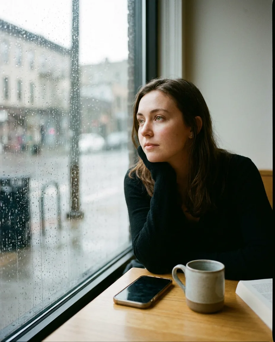 Example post: a woman at a rainy café window with her phone face down